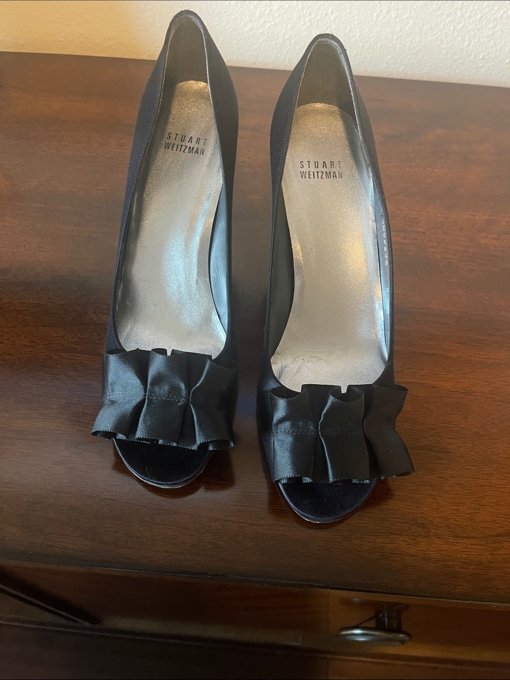 Stuart Weitzman Black Satin Peep-Toe Pumps with Front Ruffle